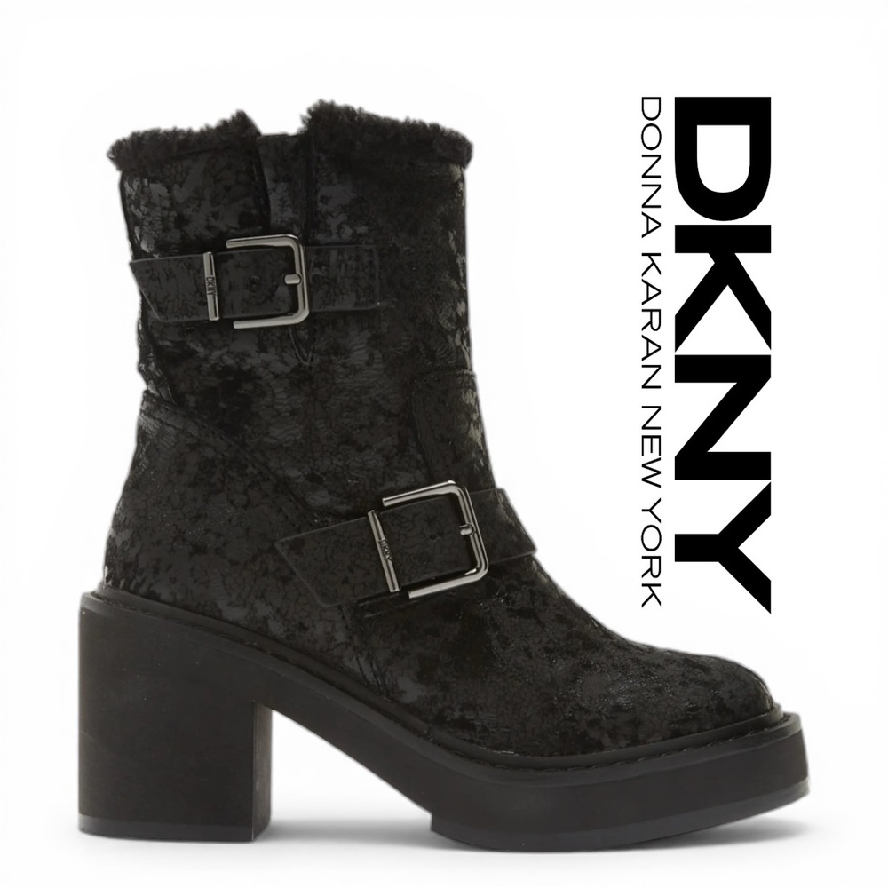 DKNY Boots Women Black Faux Fur Platform Block Heel Buckle Size 8.5